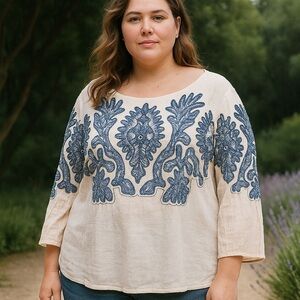 Chico’s Cream and Blue Embellished Blouse